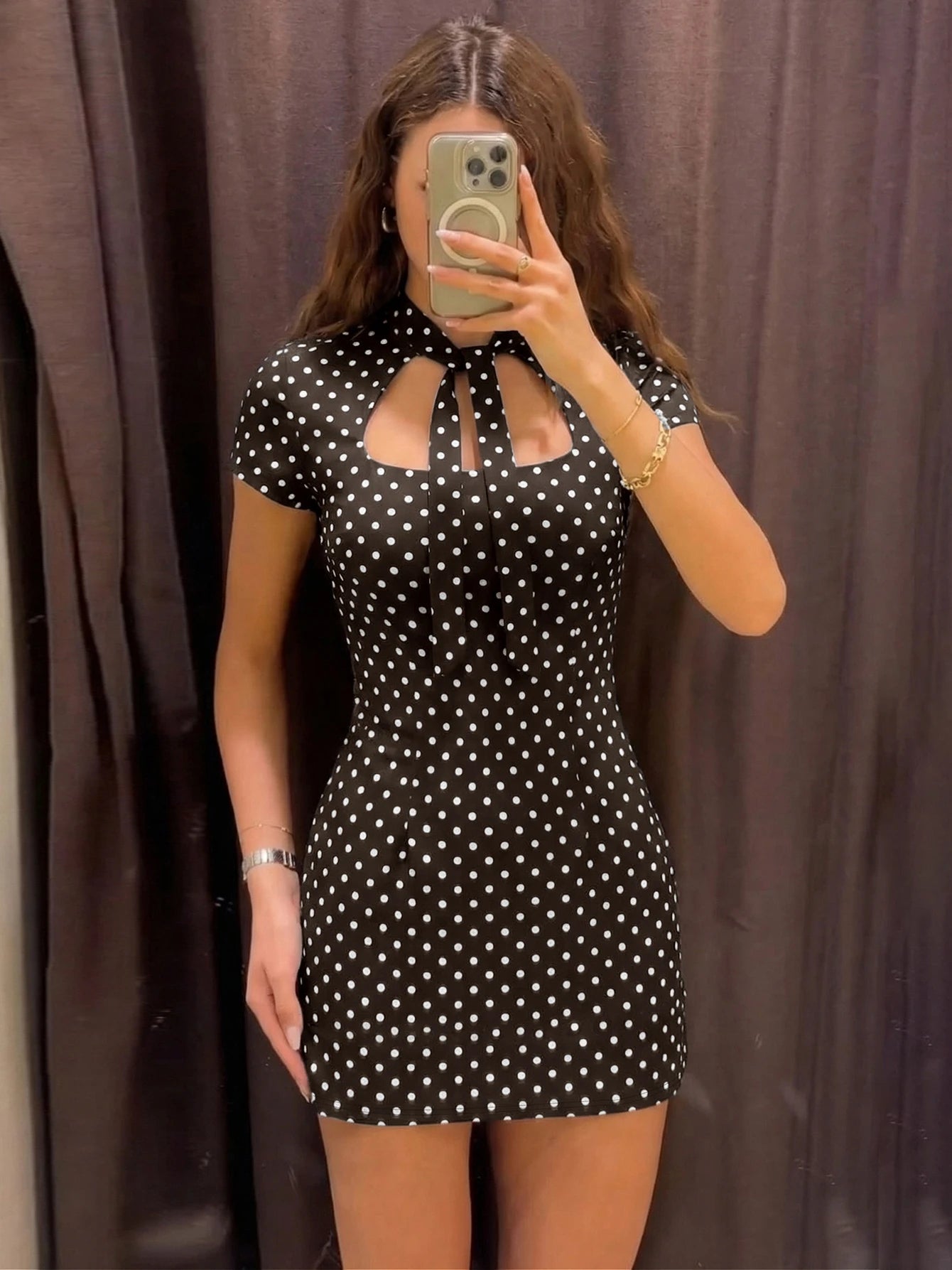 Dulzura Turtleneck Short Sleeve Lace Up Hollow Out Polka Dot Mini Dress Women'S Fashion Sexy Elegant Dress Party Vacation Outfit