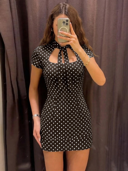 Dulzura Turtleneck Short Sleeve Lace Up Hollow Out Polka Dot Mini Dress Women'S Fashion Sexy Elegant Dress Party Vacation Outfit
