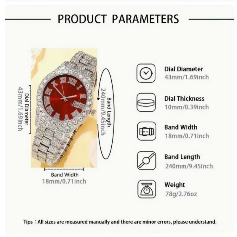 Luxury Fashion Hip Hop Men's Wristwatch, Roman Numeral Dial, Round Rhinestone Date Display,Men's Business Quartz Watch Clock