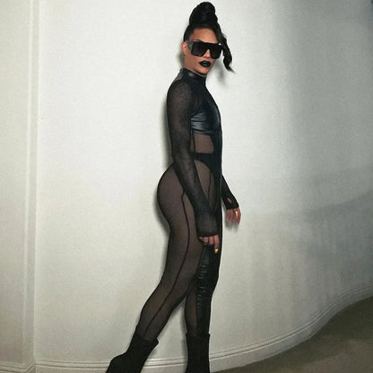 Black Mesh Sheer Bodycon Jumpsuit for Women 2024 Sexy Clubbing Outfits Gothic Punk Black One Piece Techwear C70-EC27