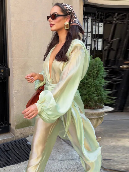 Sexy See Through Women's Jumpsuit V-Neck Long Lantern Sleeve Lace-Up Scarf Lady Rompers 2026 Summer Autumn Female Wear New