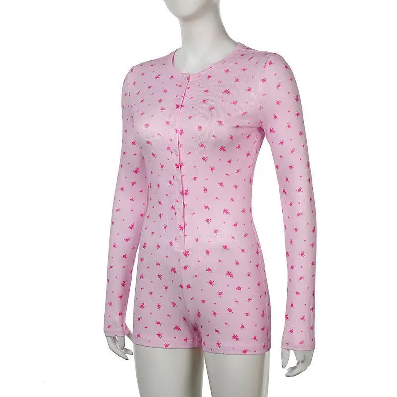 Pajamas Onesies Women's Sexy Bodysuit Casual Flower Print V-neck Front Button Long Sleeve Slim Fit Jumpsuit Sleepwear