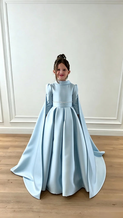 Luxurious White Sequin Beauty Pageant Dress With High Neck Long Sleeves A-line Tail Flower Girl Dress Toddler Princess Wedding