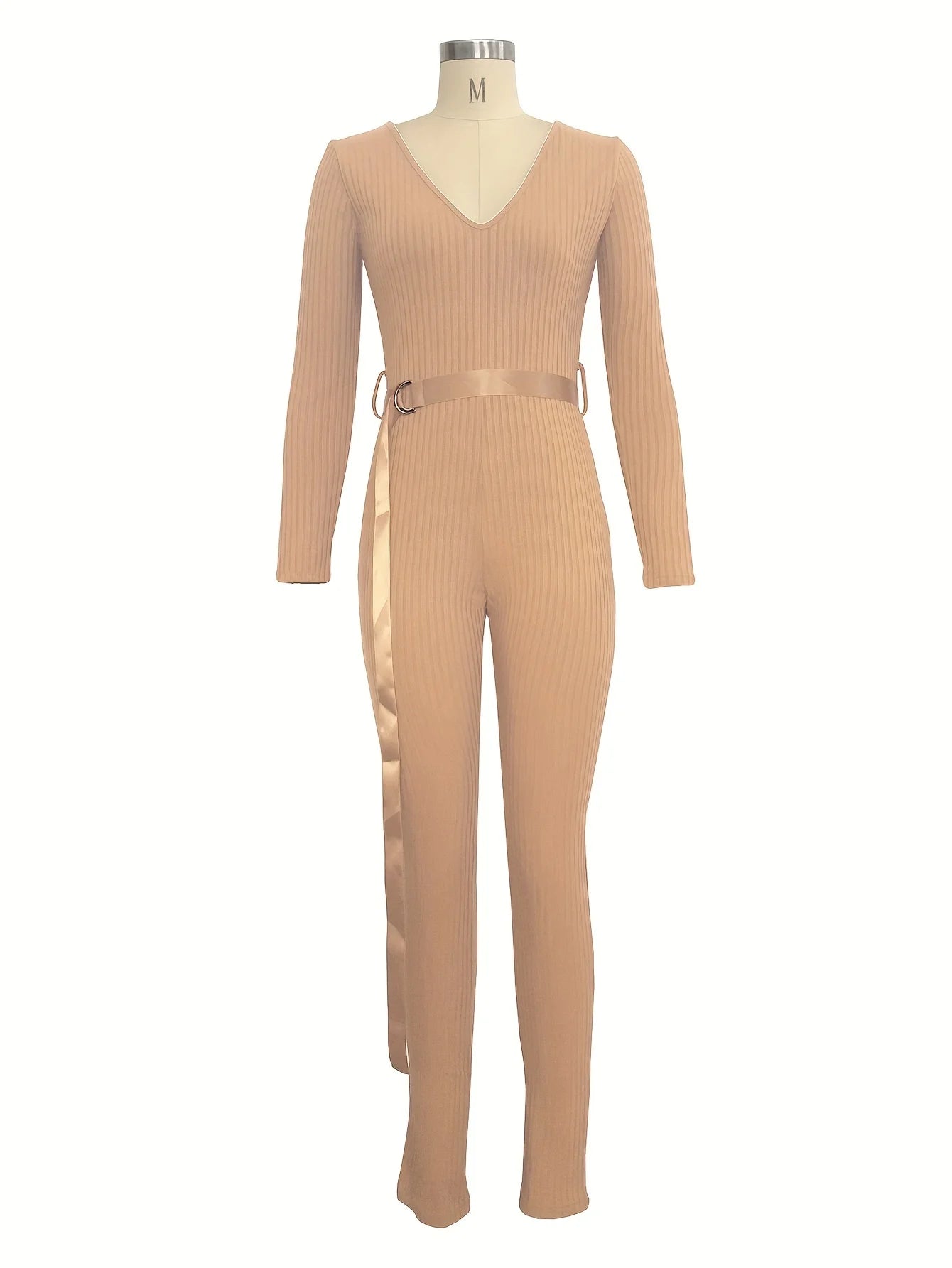 Women Jumpsuits Rompers Ribbed Knitting Skinny Sexy Deep V Neck Long Sleeve Casual Playsuits Club Overalls With Belt