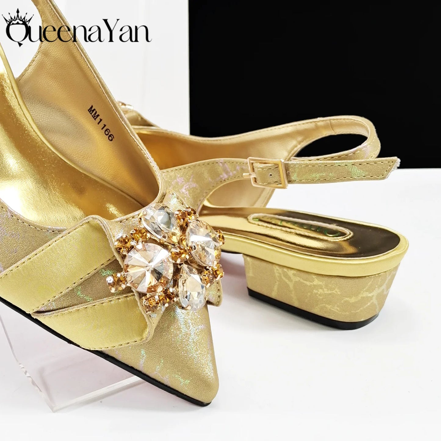 QueenaYan 2026 New Summer Collection Stylish Italian Women’s Shoes and Bag Set Gold Colour Comfortable Low Heels With Rhinestone