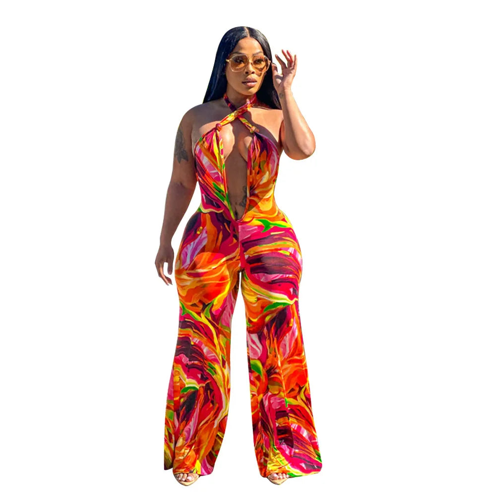 CM.YAYA Women Wide Leg V-neck Halter Sleeveless Print Jumpsuits 2024 Summer Night Club Street Playsuit One Piece Suit Rompers
