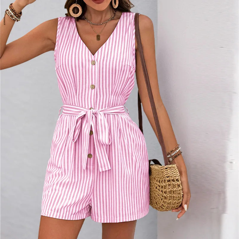 Ladies Striped Sleeveless Belted Romper, Loose Single Breasted Summer Jumpsuit Casual Streetwear