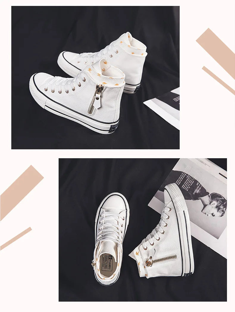 High-top Canvas Shoes for Women Fashion Casual Mid-Top Flat Women's Sneakers Designer Side Zipper Woman's Shoes Zapatos De Mujer