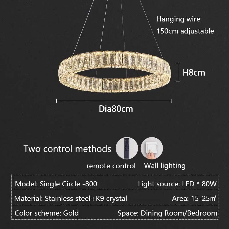 Modern LED Luxury Crystal Chandelier Villa Staircase Living Room Dimming Circular Gold Chandelier Home Lighting Indoor Light