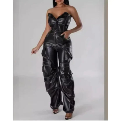 Jumpsuits Women Sexy One Piece Strapless Sleeveless Single Breasted Multiple Pockets High Waist Overalls Streetwear Trousers