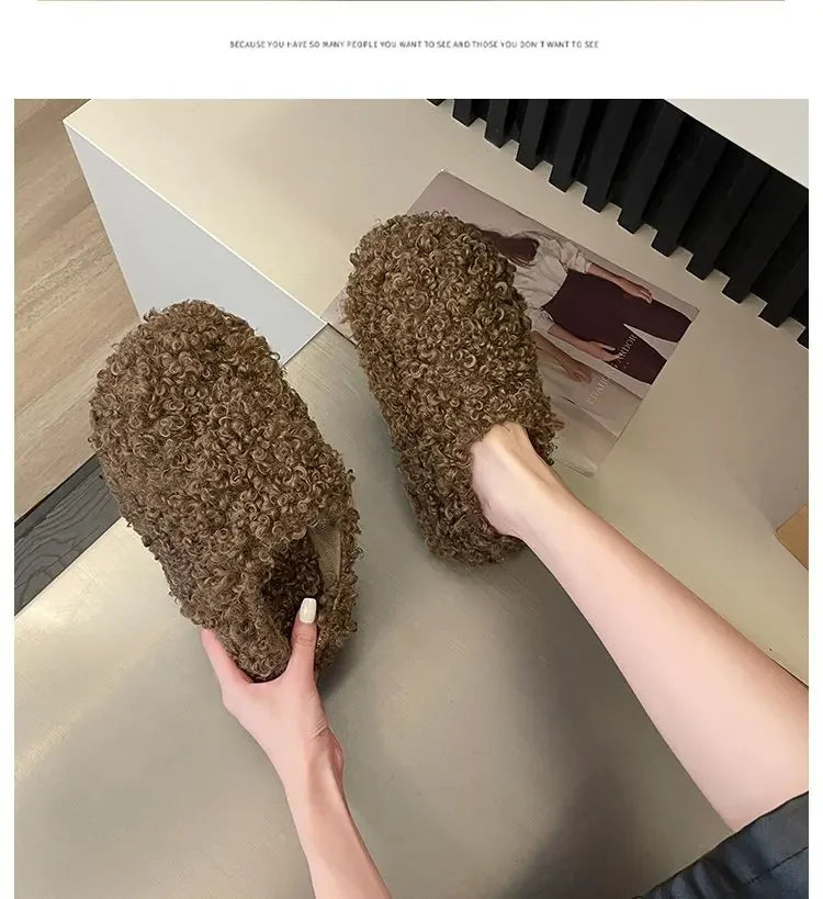 Thick Heel Luxury Lambwool Mules  Winter Shoes Woman Flip Flops Flat Cover Toe Slides Ins Warm Curly Lamb Fur Slippers Women