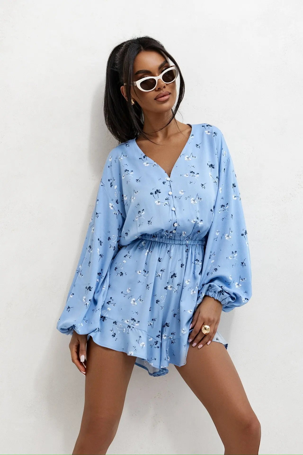 Fashion Print Jumpsuit V-neck Buttons Long Sleeves High Waist Spliced ruffle Slim Shorts Jumpsuits For Women Spring New Style