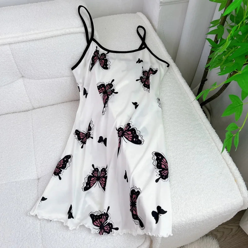 FINETOO Summer Teddy Bear Sleepwear Women Seamless Hearts Butterfly Floral Printed Sleeveless Ruffled Loungewear Cute Nightdress