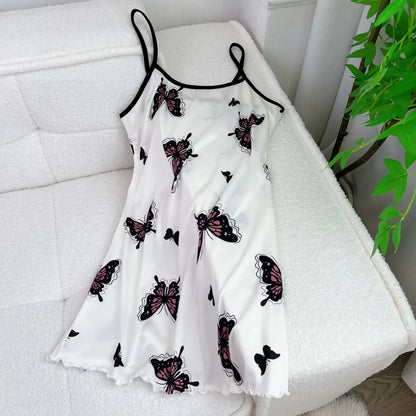 FINETOO Summer Teddy Bear Sleepwear Women Seamless Hearts Butterfly Floral Printed Sleeveless Ruffled Loungewear Cute Nightdress