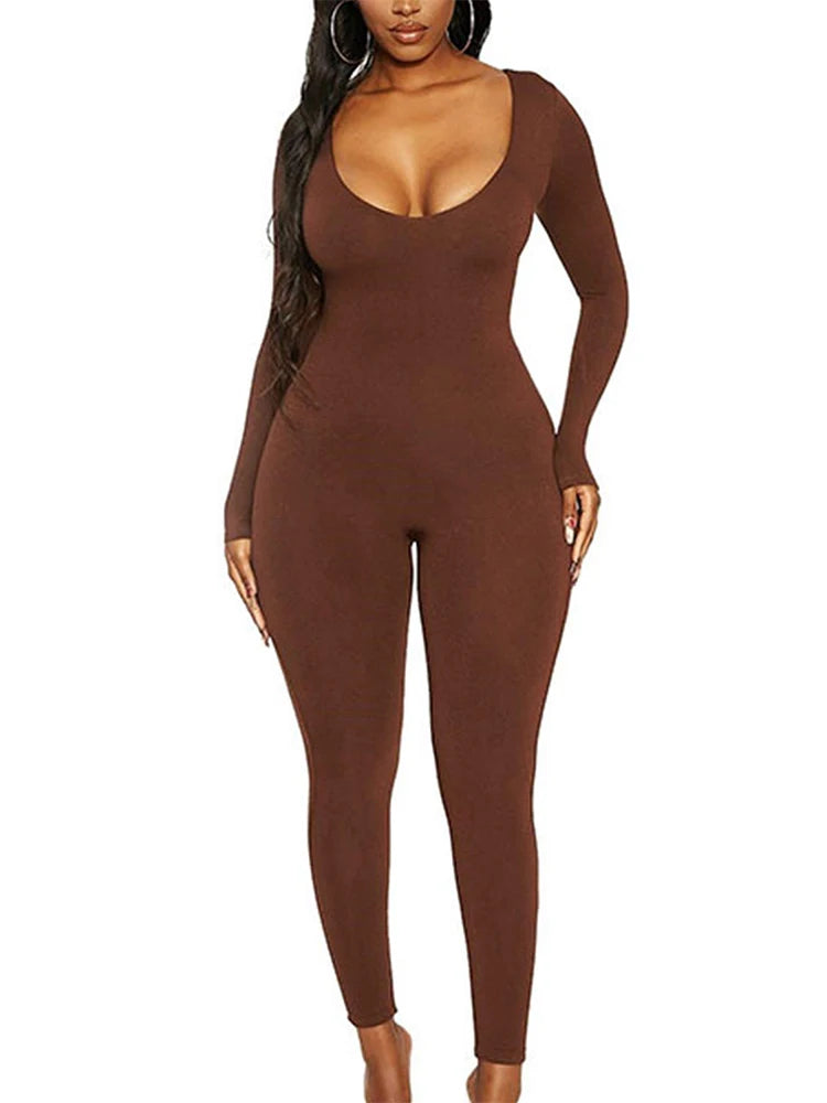 Spring and Summer New Women's Jumpsuit Long Sleeve Solid Color Skinny Jumpsuit Fashion Sports Fitness Jumpsuit Pullover