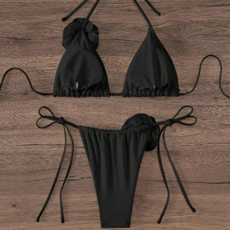 2026 S-L Sexy 3D Flowers Halter Strappy Bikini Women Swimwear Female Swimsuit Two-pieces Bikini Set Bather Bathing Suit Swim