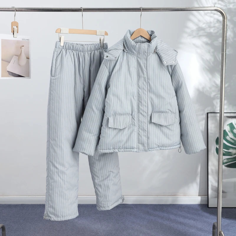 Polka Dots Hooded Cotton Coats Trousers Set 2026 Winter Loose Zippers Drawstring Jacket Elastic Waist Pants Women's Warm Outfits