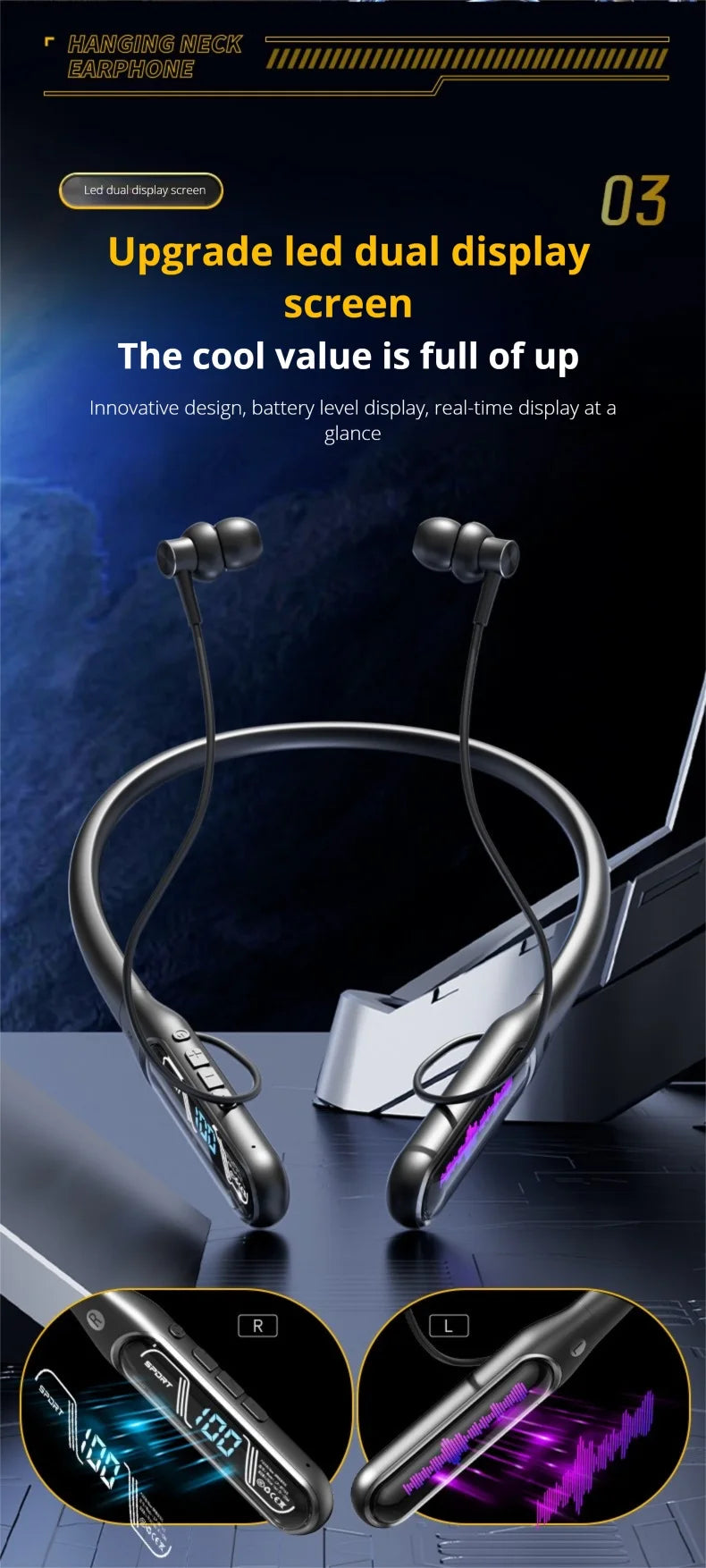 EARDECO Dual Screen Neckband Earphones Bass 5.4 Bluetooth Headphone Sport Wireless Headphones Outdoor Waterproof Dustproof
