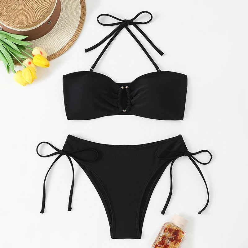 High Waist Bikini Women's Swimsuit 2026 Knotted Bathing Suits Woman Swimwear Bandeau Push Up Bikinis Sets Brazilian Beach Wear