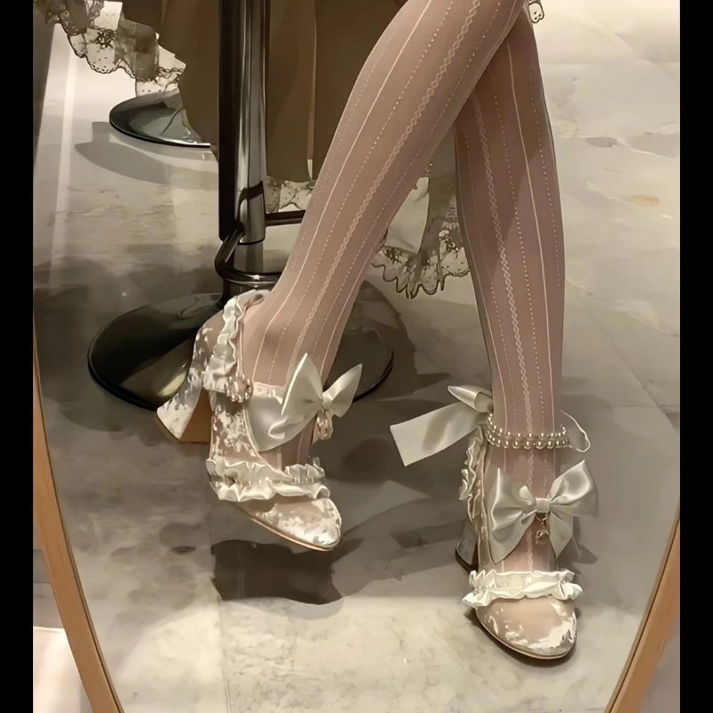 Sweet Lolita Women High Heels Luxury Designer Court Style Velour Bowknot Princess Dress Shoes Elegant