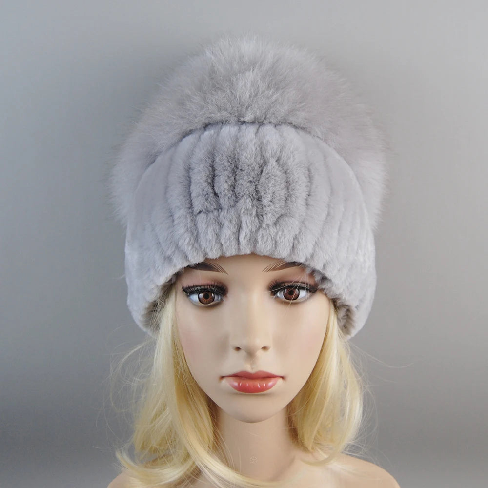 New Winter Lady Brand Hand Make Real Genuine Fox Fur Hat Scarf Girls Natural Real Rex Rabbit Fur Ring Cap Real Fur Scarves Hats