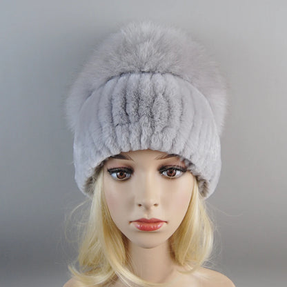 New Winter Lady Brand Hand Make Real Genuine Fox Fur Hat Scarf Girls Natural Real Rex Rabbit Fur Ring Cap Real Fur Scarves Hats