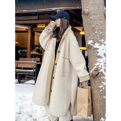 Women Wool Long Coats Jackets Blends Hooded Casual Loose Coat Thick Warm Y2k Streetwear Jacket Work Outerwear Autumn Winter