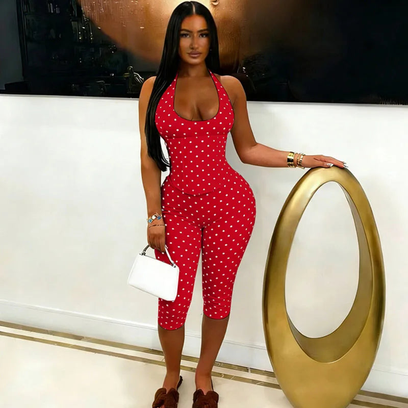 Doyerl Polka Dot One Piece Jumpsuits for Woman Club Outfits Halter V-neck Backless Lace-up Bandage Corset Bodycon Romper Mono