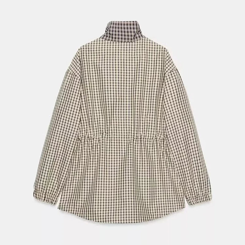 Women Casual Plaid Short Trench Coat Lapel Double Breasted Belted Waist Loose Long Sleeve Checkered Jacket Autumn Windbreaker