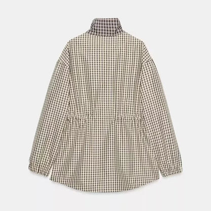 Women Casual Plaid Short Trench Coat Lapel Double Breasted Belted Waist Loose Long Sleeve Checkered Jacket Autumn Windbreaker