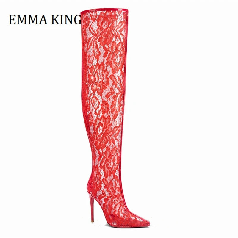 Spring Women Lace With PVC Thigh High Boots Sexy Pointed Toe Stiletto High Heels Transparent Over The Knee Boots Bigger Size 44