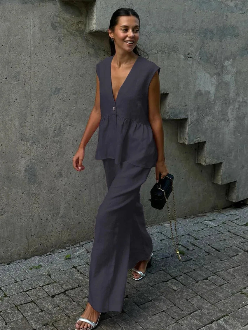 2 Pieces Women Sets 2026 Cotton V-Neck Sleeveless Top Vest + Long Pants New Solid Color Two-Piece Sets Women's Clothing