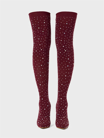 Liyke Sexy Pointed Toe Crystal Rhinestone Stretch Fabric Thigh High Boots Women Thin Heels Over The Knee Socks Shoes Size 35-43