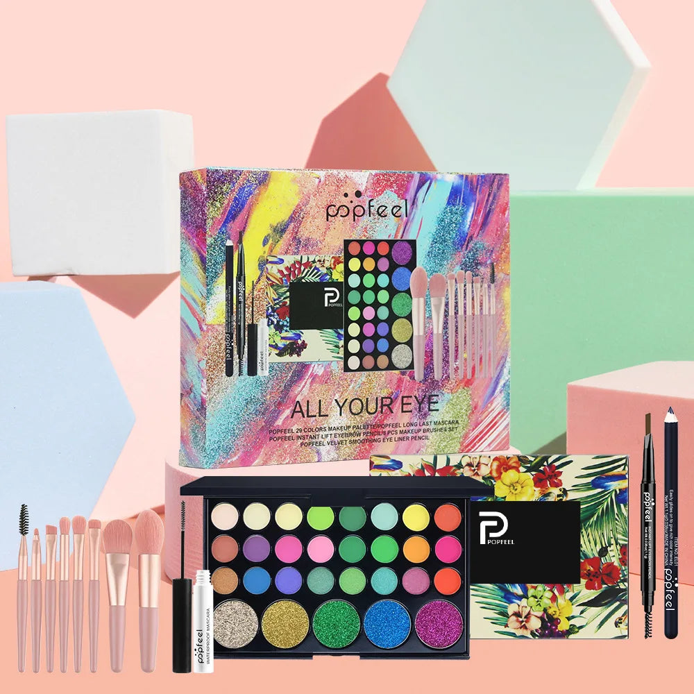 Essential Eye Makeup Set for Beginners Matte&Shimmer Eyeshadow Palette, Mascara, Eyebrow Pencil, Lip Eyeliner,Brush Tool Set Box