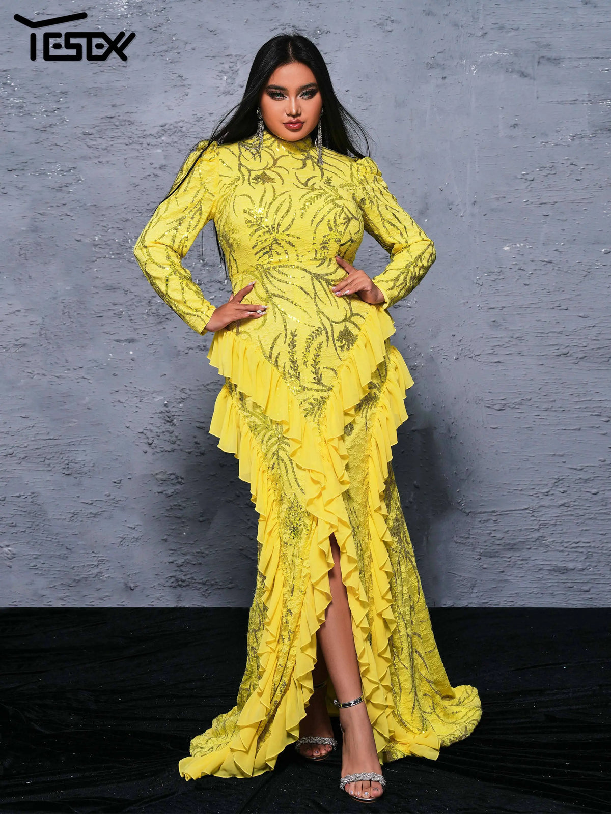 Yesexy Plus Size Elegant Beautiful Women Round Neck Long Sleeved Split Evening Gown Wedding Birthday Party Formal Occasion Dress