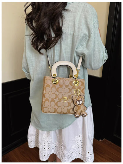 Luxury Women Bag 2026 New Vintage Classic Monogram Handbag Fashion Designer Ladies Tote Crossbody Bag with Bear Charm