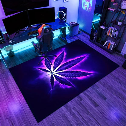 Psychedelic purple weed pattern rug cushion: non-slip, machine-washable polyester. For living room, bedroom—anti-fatigue decor.