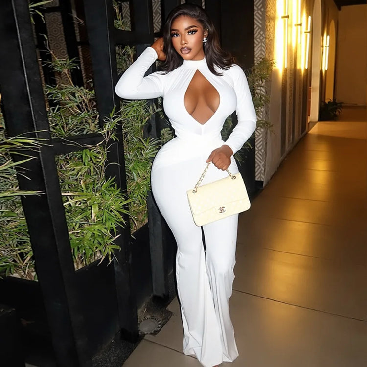FLARORA Sexy Hollow Out Flared Jumpsuits Woman Turtleneck Full Sleeve Skinny Peach Hip Hot Girls Midnight Club Party Overalls