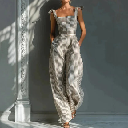 Holiday Women's Spaghetti Strap Backless Jumpsuits Summer Sleeveless Striped Patchwork Wide Leg Pants Playsuits Streetwear 2026