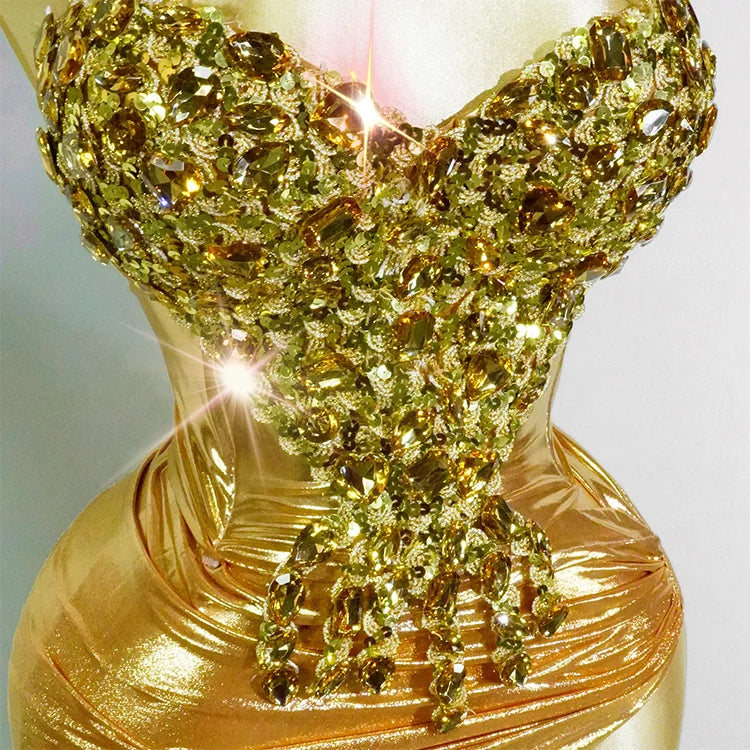 Woman Performance Suit Sexy Pink Backless Strapless Rhinestones Dress Event Costume Dancewear Top And Skirt Birthday Drag Club