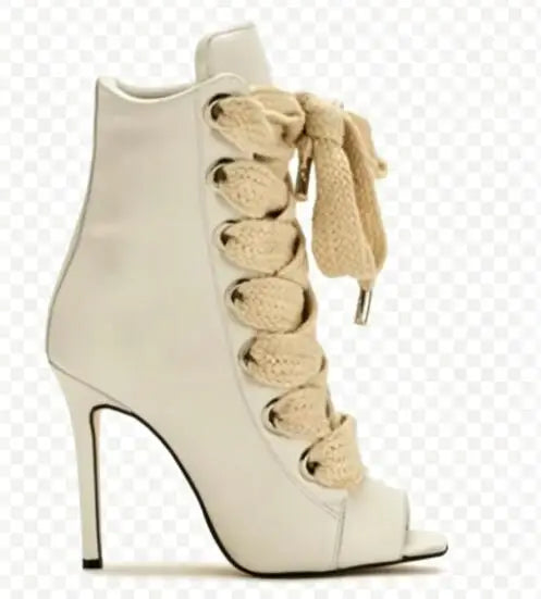 Red White Matte Leather Cross Tied Lace Up Ankle Boots Peep Toe Big Gold Silver Metallic Braided Straps High Heel Booties Shoes