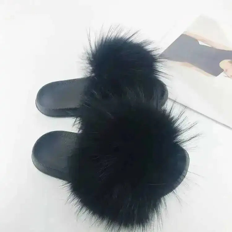 Real Raccoon Fur Slippers For Women 2026 Summer Fluffy Indoor House Fuzzy Flat Slides Outdoor Fashion Beach Sandals Flip Flops