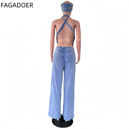 FAGADOER Fashion Solid Color Off Shoulder Halter Jumpsuits Sexy Back Hollow Out Ruched Rompers Casual Sports Fitness Playsuits