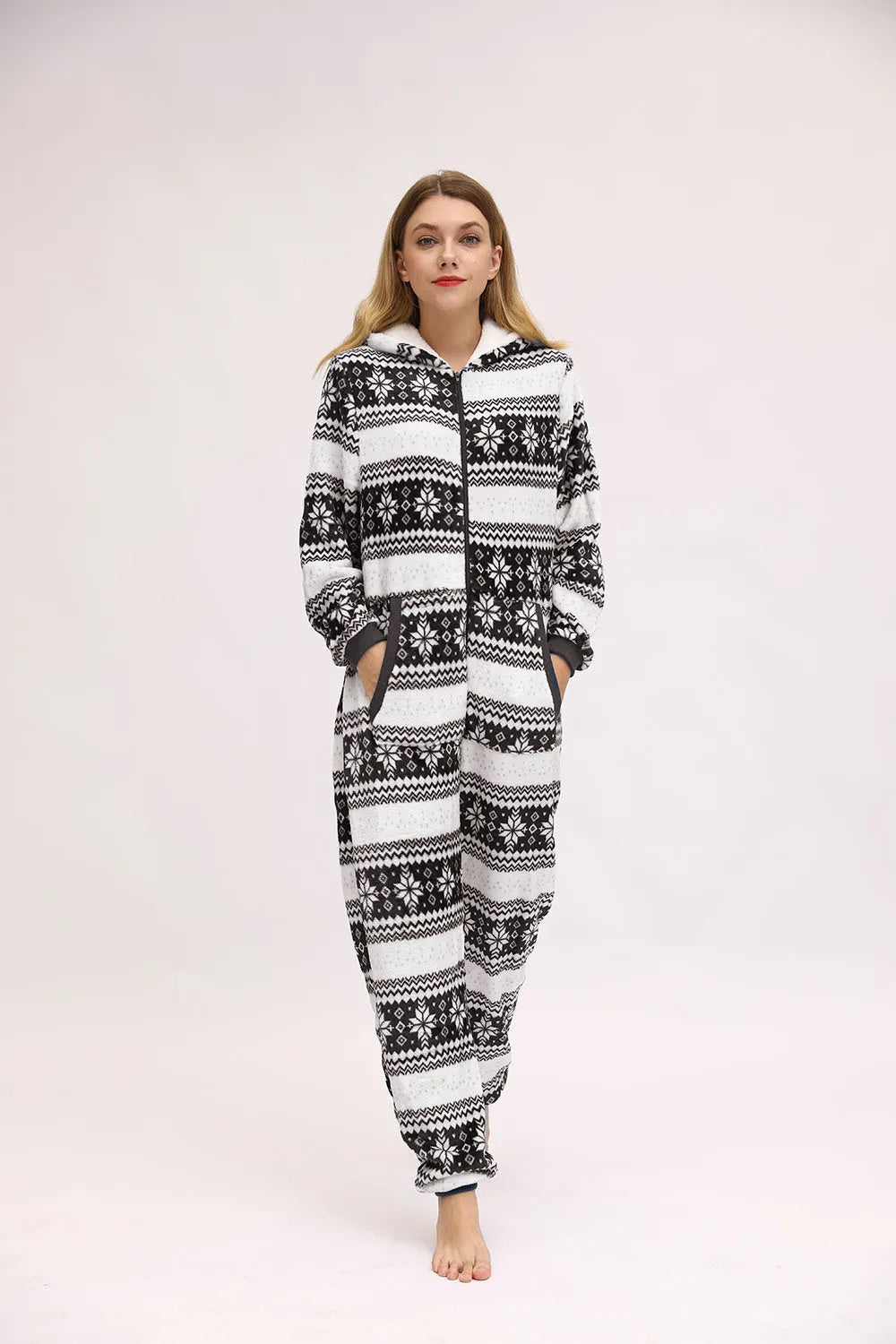 Winter Warm Snowflake Print Pyjamas Women Onesies Flannel Sleepwear Size XXL Hood Sets Pajamas For Women Adult