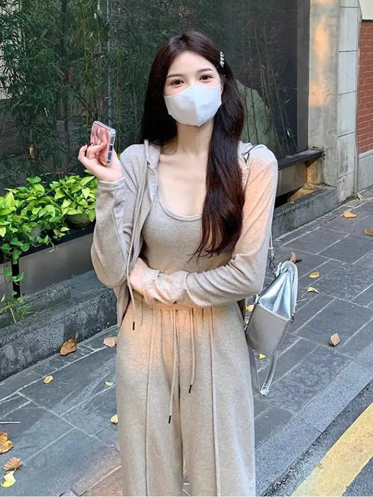 Casual Sportswear Women's Spring Autumn Three-Piece Set Slimming Fashionable Jacket Vest Wide Leg Pants for Short Women
