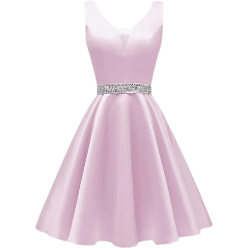 Customized Simple Satin Homecoming Dresses for Teens Short Prom Dress V-Neck Beaded Belts Evening Formal Cocktail Party Gowns
