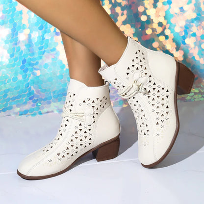 2025 Summer New Women's Fashion Hollow-Out Soft Sole Mid-Heel Ankle Boots, Retro Breathable Comfortable Shoes