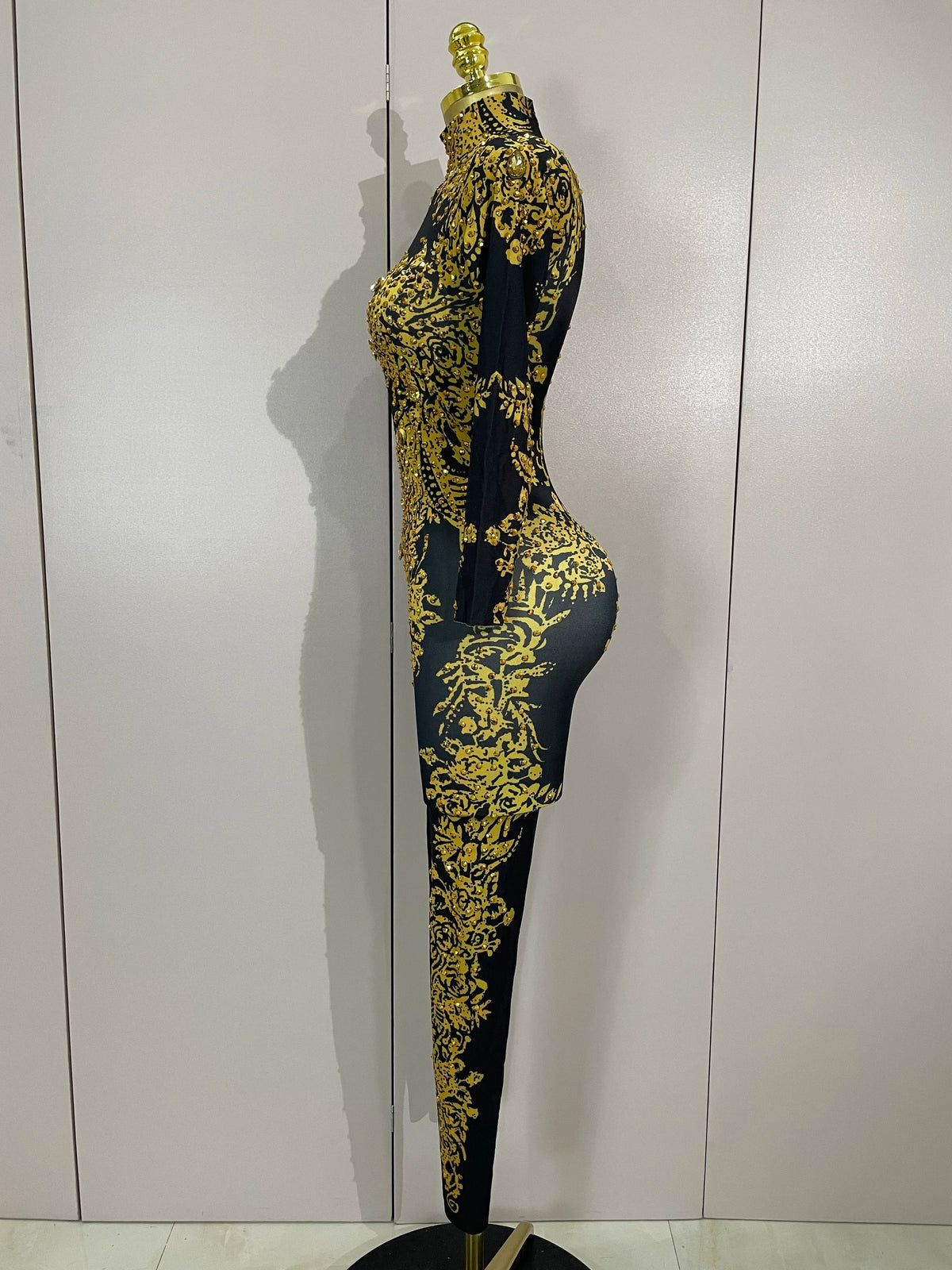 Luxury Sparkly Diamonds Print Long Sleeves Stretch Jumpsuit Evning Party Dancer Nightclub Bar DJ Sexy Stage Performance Costumes