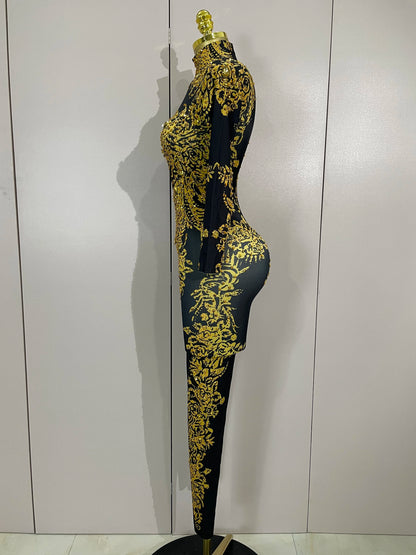 Luxury Sparkly Diamonds Print Long Sleeves Stretch Jumpsuit Evning Party Dancer Nightclub Bar DJ Sexy Stage Performance Costumes