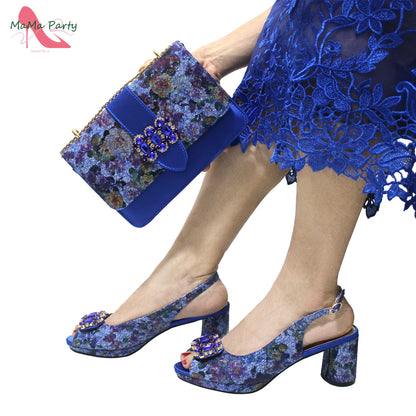 2024 Mature Style High Quality Comfortable Heels Italian Women Shoes and Bag Set with Shinning Crystal in Yellow Color